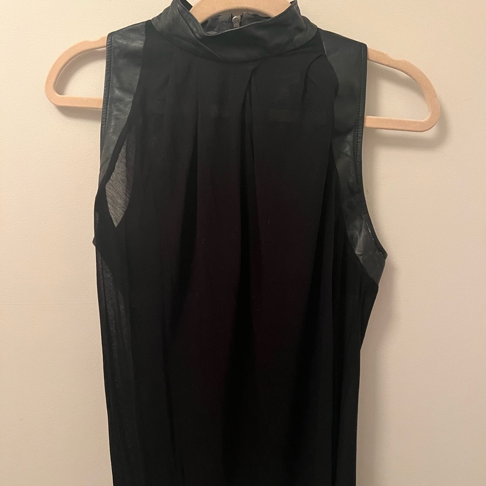Leather and silk chiffon sleeveless blouse